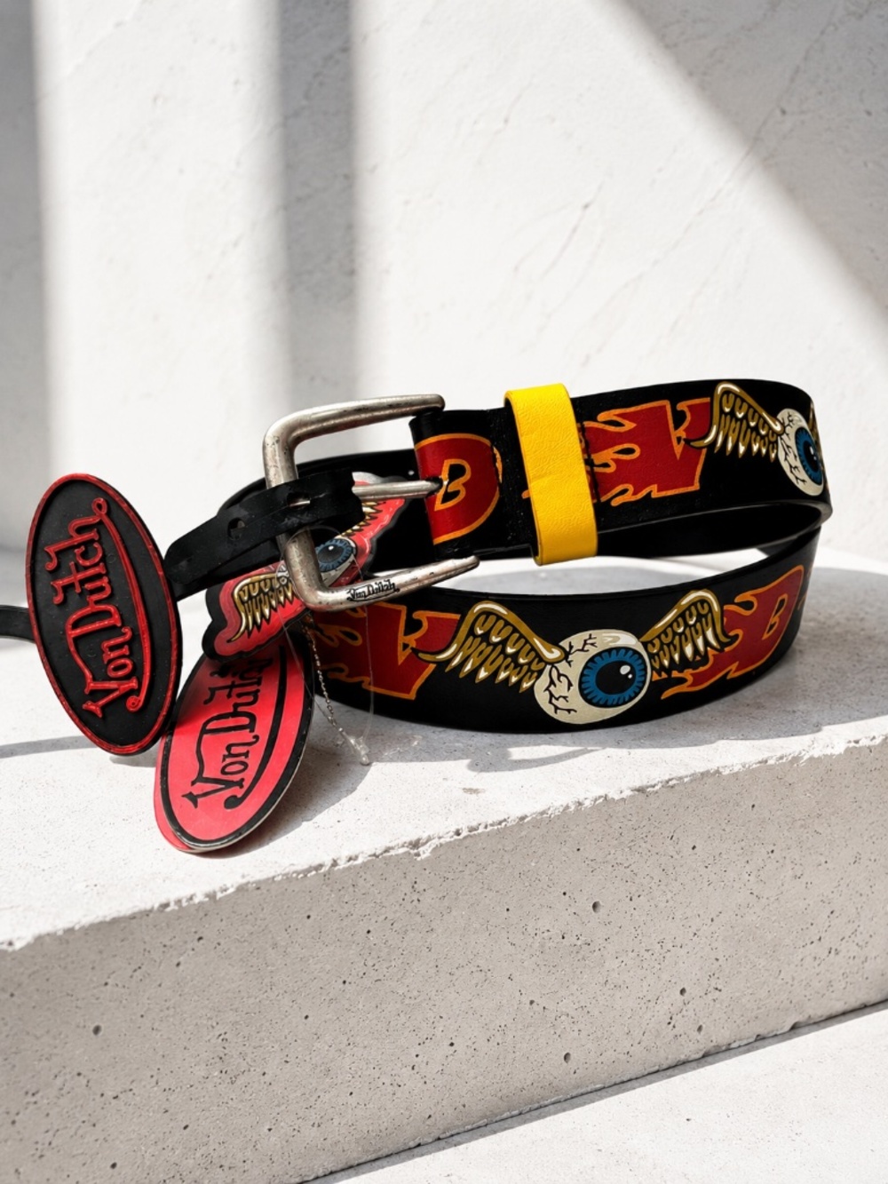 NWT Von Dutch Flying Eyeball Flame Belt Black Yellow Y2K Punk Grunge